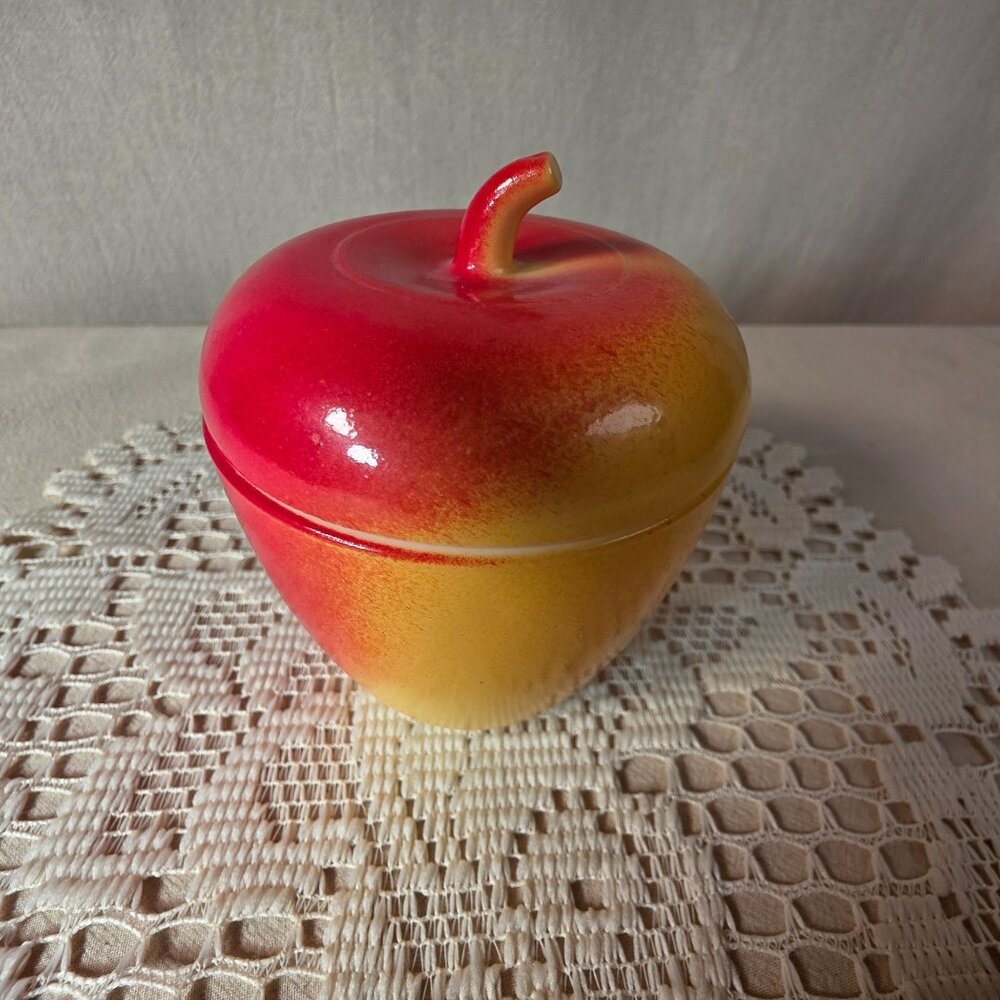 Hazel Atlas Milk Glass Apple Jam Jar 4" Red & Yellow Vintage Kitchen Decor - Picture 5 of 9